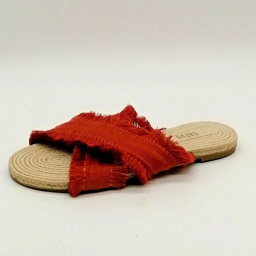 Crevo Shoes Womens Monroe Frayed Slide Sandals Orange Fabric Flat Heel 6 NEW